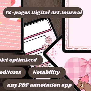 Peut inclure: Journal d'art numérique sur le thème du rose. Le journal comprend 12 pages et est optimisé pour les tablettes. L'image contient le texte "12-pages Digital Art Journal", "Tablet optimized", "GoodNotes", "Notability" et "any PDF annotation app".