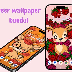 May include: Two smartphones displaying deer-themed wallpapers. One features a deer with autumn leaves and mushrooms, the other a deer with raspberries. The text "Deer wallpaper bundul" is visible.