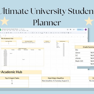 Peut inclure: Un planificateur numérique pour étudiants universitaires affiché sur un écran d'ordinateur. Le planificateur comprend des sections pour les tâches, les échéances et un résumé des notes. Le titre est "Ultimate University Student Planner".