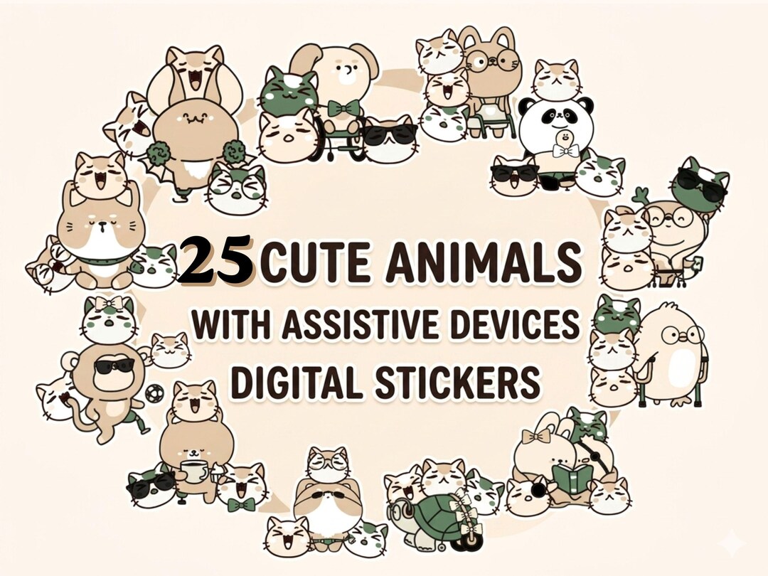 25 Cute Animals With Assistive Devices Digital Stickers PNG, Disability ...