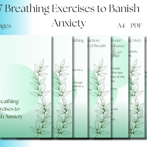 Peut inclure: Guide PDF numérique intitulé "7 Exercices de respiration pour bannir l'anxiété". La couverture est un dégradé de vert d'eau et de blanc, avec une illustration florale. Le guide compte 9 pages et au format A4.