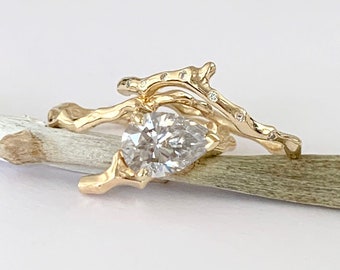 Twig Ring with Pear Shape Moissanite in 9 carat Yellow Gold