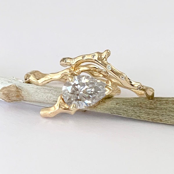 Twig Ring with Pear Shape Moissanite in 9 carat Yellow Gold