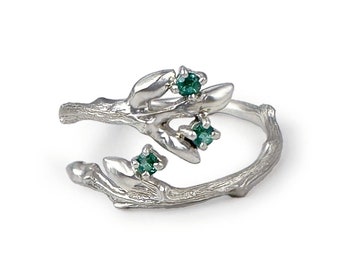 Willow Twig Ring Crossover Ring with Scattered Emeralds in Solid Gold