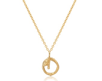 Willow Twig Necklace with wood texture and bud detail circle charm pendant yellow gold, understated charm necklace