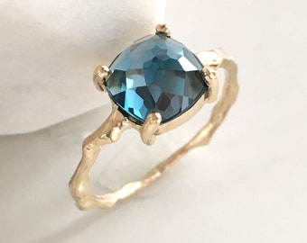 Twig Statement Ring in 9 carat gold with Cushion Cut London Blue Topaz November Birthstone