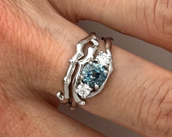 Twig Engagement and Wedding Ring Set in Platinum with Montana Sapphire and Canadamark Diamonds
