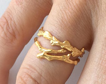 Twig Ring - conifer leaf band ring, wedding ring, stacking ring, cast from conifer leaf, gold ring, band ring