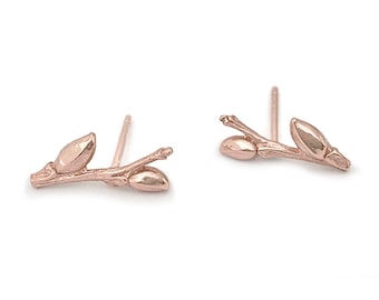 Willow Twig dainty ear studs with buds and wood texture available in Fair Trade Gold