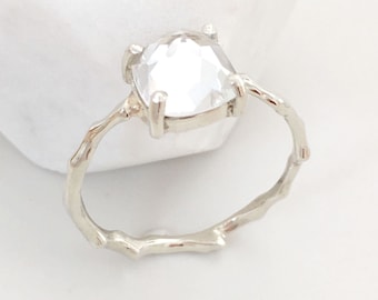 Twig Engagement Ring in 9 carat gold with Cushion Cut White Topaz November Birthstone