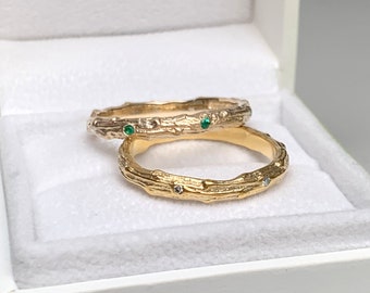 Cypress Twig  Wedding Ring for a man or woman in solid gold with emeralds, rubies or sapphires