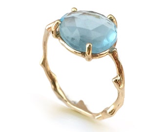 Twig Ring in solid gold with rose cut blue topaz