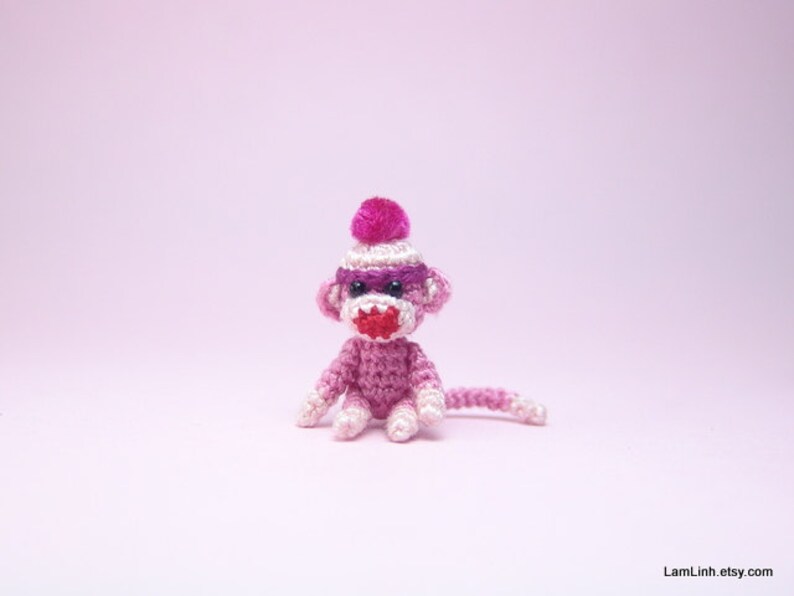 1 inch crochet pink sock monkey, tiny amigurumi miniature animal, dollhouse miniatures accessories, adorable tiny things, crochet art gift image 4