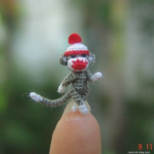 3/4 inch Christmas gray sock monkey, tiny amigurumi crochet animal, doll house miniatures accessories, adorable tiny things, crochet art image 4