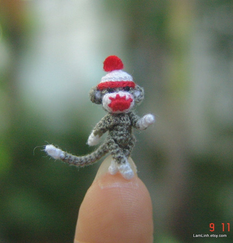 3/4 inch Christmas gray sock monkey, tiny amigurumi crochet animal, doll house miniatures accessories, adorable tiny things, crochet art image 4