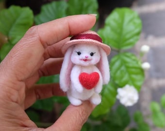 OOAK Miniature Needle Felted  Bunny with Hat &Heart - Tiny Wool Rabbit Figurine - Cute Valentine Gift - Miniature Pocket Bunny