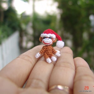 1 inch miniature Christmas sock monkey, tiny amigurumi crochet animal, adorable tiny things, dollhouse miniatures artisan, doll house decor image 4