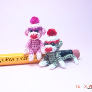 1 inch crochet pink sock monkey, tiny amigurumi miniature animal, dollhouse miniatures accessories, adorable tiny things, crochet art gift image 3