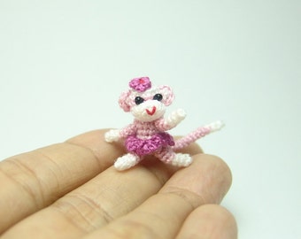 1 inch miniature sock monkey dancer, tiny amigurumi crochet animal, doll house miniatures accessories, adorable tiny things, crochet art