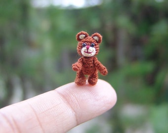 dollhouse miniature chocolate Teddy Bear, micro crochet stuffed animal, 2/3 inch, doll house miniatures accessories, adorable tiny things