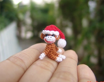 1 inch miniature Christmas sock monkey, tiny amigurumi crochet animal, adorable tiny things, dollhouse miniatures artisan, doll house decor