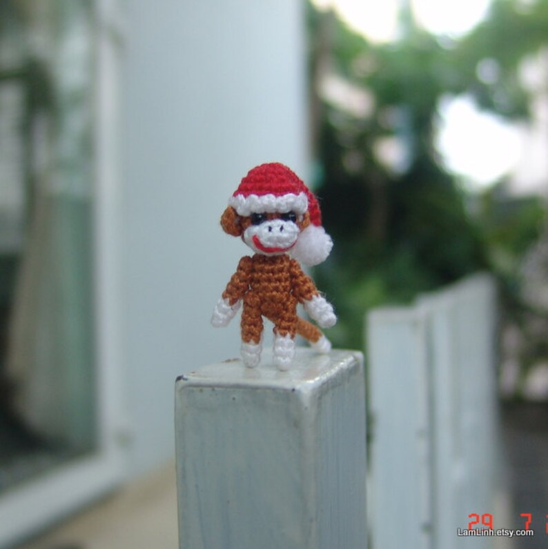 1 inch miniature Christmas sock monkey, tiny amigurumi crochet animal, adorable tiny things, dollhouse miniatures artisan, doll house decor image 3