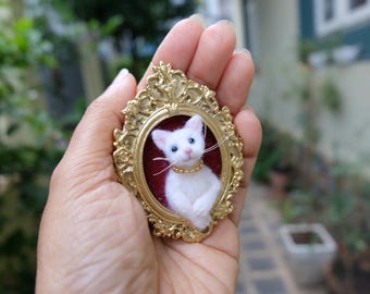 OOAK Miniature Needle Felted  Cat Brooch in Vintage Gold Frame - Tiny Wool Cat Brooch - Gift for Cat Lover - Miniature Wool Animal Portrait