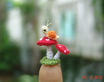 micro crochet snail and mushrooms, art dollhouse miniature amigurumi decoration, doll house miniatures accessories, adorable tiny things