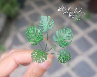 OOAK 1:12 or 1/24 5 miniature Monstera deliciosa leaves - air dry clay.