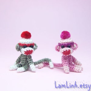 1 inch crochet pink sock monkey, tiny amigurumi miniature animal, dollhouse miniatures accessories, adorable tiny things, crochet art gift image 1