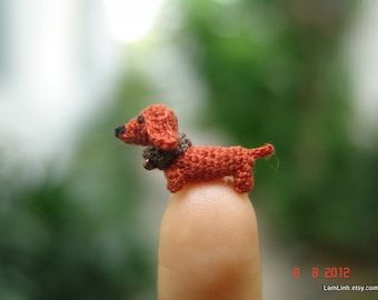 0.4 inch miniature brown Dachshund dog, micro amigurumi crochet animal, doll house miniatures accessories, adorable tiny things, crochet art