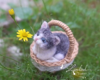 OOAK miniature needle felted grey cat in the basket.