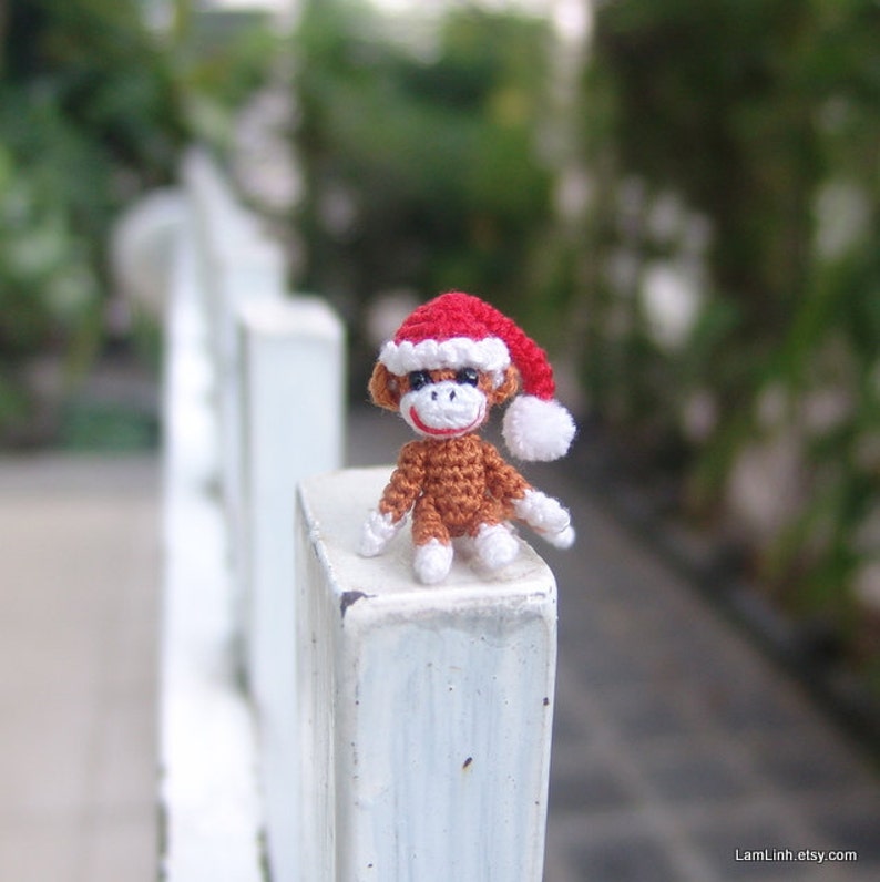 1 inch miniature Christmas sock monkey, tiny amigurumi crochet animal, adorable tiny things, dollhouse miniatures artisan, doll house decor image 2