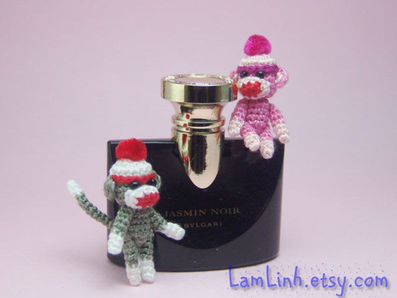 1 inch crochet pink sock monkey, tiny amigurumi miniature animal, dollhouse miniatures accessories, adorable tiny things, crochet art gift image 2