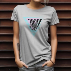 Retro vaporwave scorpion tee with pastel triangle design and 80s synthwave stripes aesthetic graphic t-shirt for alternative fashion lovers