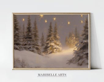Moody Winter Forest Print, Enchanting Night Landscape Wall Art, Elegant Winter Home Decor, Vintage Christmas Festive Digital Download