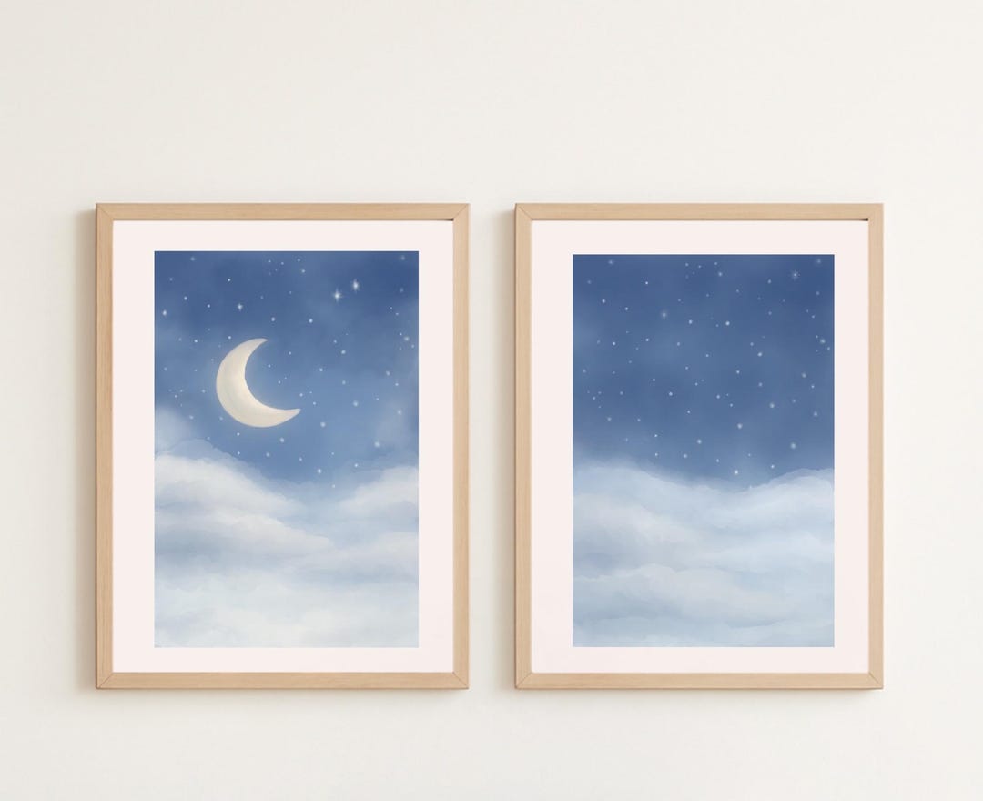 Watercolor Moon and Stars Nursery Print Set | Night Sky Decor (digital ...