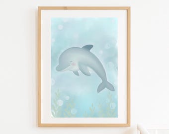 Stampa con delfino ad acquerello per la cameretta: decorazione costiera neutra (download digitale)
