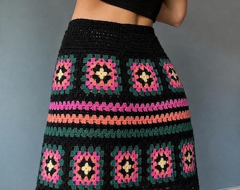 Granny Square Skirt Crochet Pattern PDF | Colorful Boho Mini Skirt | Festival Outfit | Adjustable Lace Hem