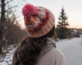 Shell Stitch Crochet Beanie Pattern, Adult Winter Hat PDF, Ribbed Brim Pom Pom Beanie