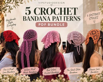Crochet Bandana Patterns PDF Bundle, 5 Boho Head Scarf Designs, Lace Mesh Hair Scarf, Summer Crochet Kerchief