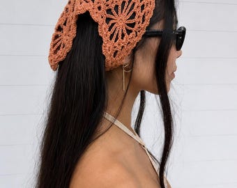 Flower Lace Bandana Crochet Pattern PDF, Floral Triangle Headscarf, Scalloped Boho Hair Scarf