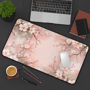Cherry Blossom Floral Desk Mat Sakura Mouse Pad for Office & Home, Soft Pink Petals, Branches XL Deskpad, Aesthetic Japanese Spring Decor