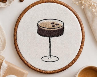 Embroidered Espresso Martini Hoop Art, Faux Wood Frame, Bar Cart Decor