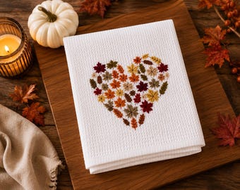 Embroidered Fall Leaves Heart Kitchen Towel | Autumn Waffle Hand Towel | Thanksgiving Hostess Gift | Fall Kitchen Decor