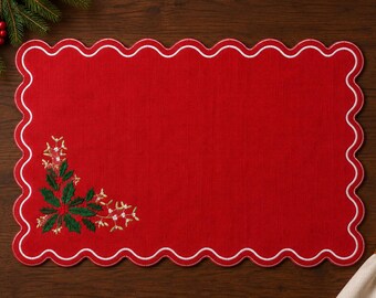 Embroidered Christmas Linen Placemats | Scalloped Holiday Table Linens | Holly & Mistletoe Table Decor | Set of 2, 4 or 8