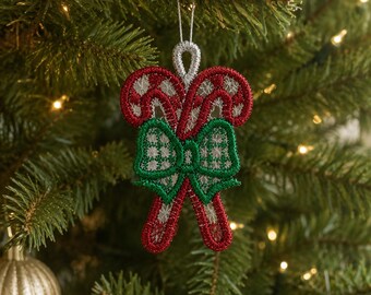 Freestanding Lace Candy Cane Christmas Ornaments | Set of 3 or 5 | Embroidered FSL Tree Decorations | Handmade Holiday Decor