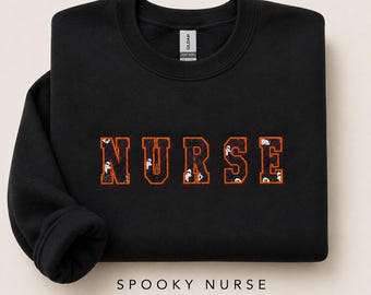 Spooky Nurse Embroidered Sweatshirt, Halloween Nurse Crewneck, Ghost Appliqué Sweatshirt, RN Gift,  Nurse Shirt