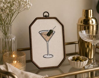 Vintage Martini Embroidered Textile Art | Cocktail Bar Decor, Small Wall Hanging