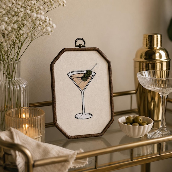 Vintage Martini Embroidered Textile Art | Cocktail Bar Decor, Small Wall Hanging